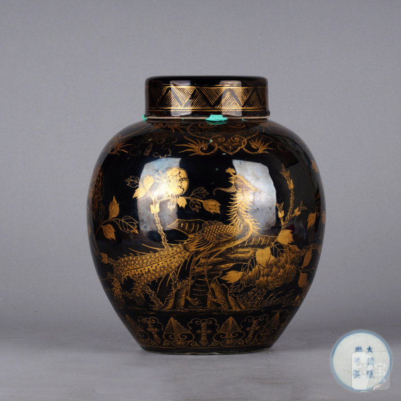 清晚期 乌金釉描金花鸟罐 - 图1